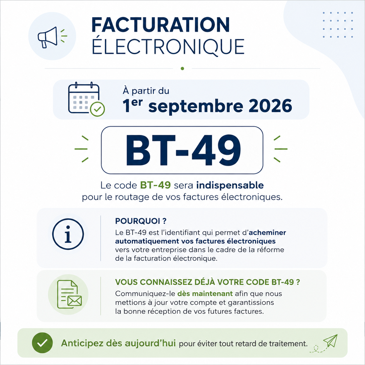 Facturation électronique : le code BT-49 sera indispensable à partir du 1er septembre 2026 pour le routage de vos factures électroniques.